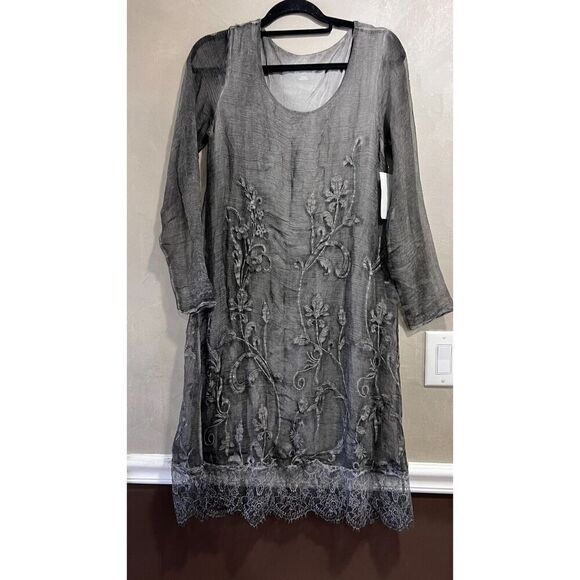 Soft Surroundings Silk Isadora Dress Charcoal Embroidered Floral XS NEW - Picture 1 of 3